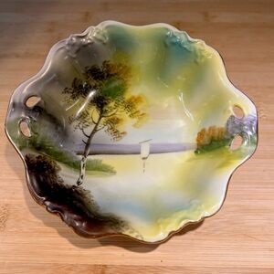 Vintage 1920s-40s Noritake Hand Painted Bowl with Cut Out Tab Handles Japan